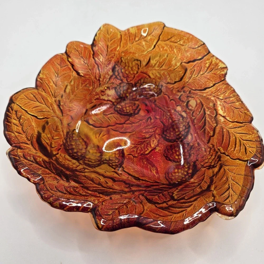 Vintage Amber‎ Pressed Glass Blackberry Leaf Dish Fall Harvest Cottagecore Decor